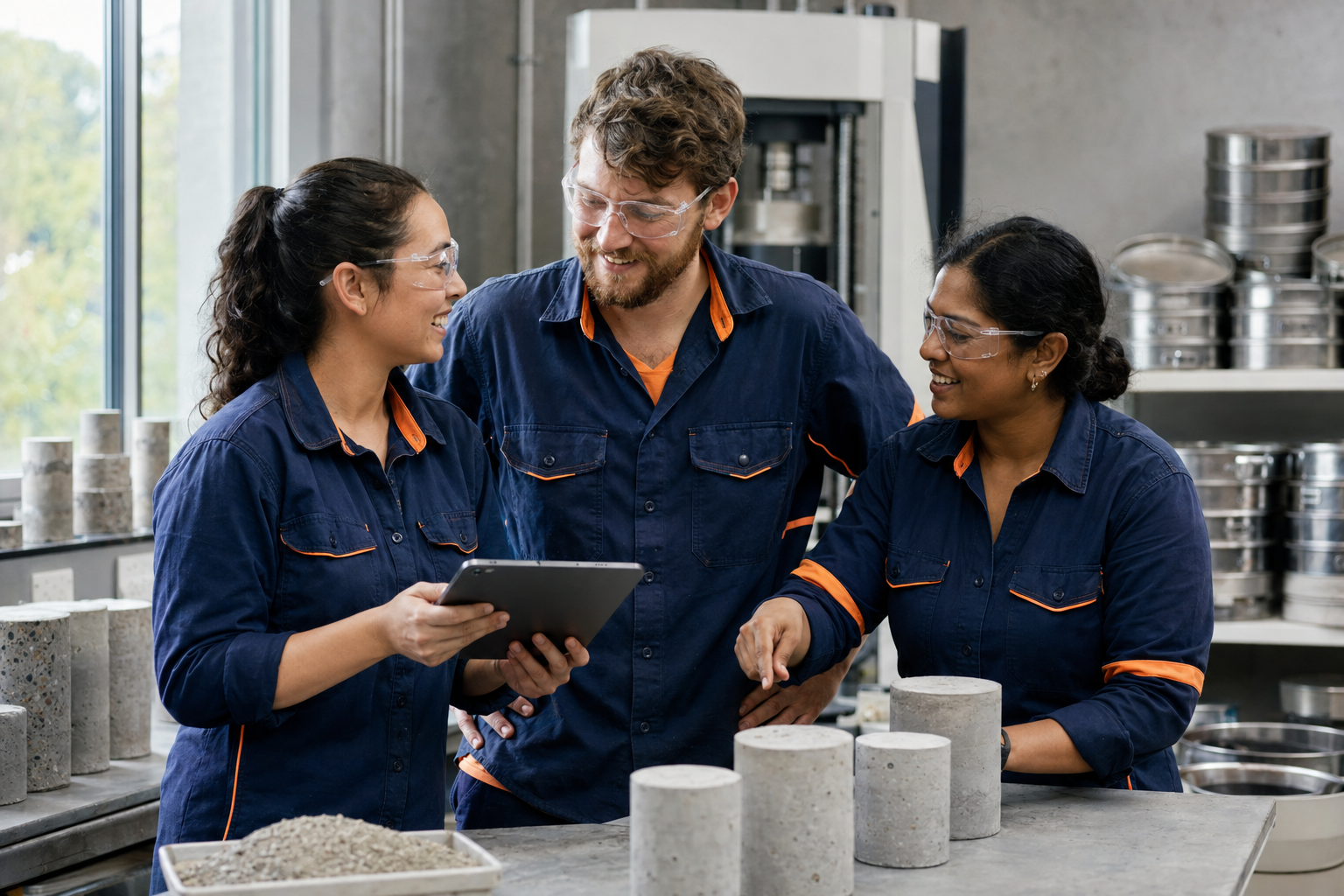 Three materials-testing colleagues collaborating around a tablet at a laboratory workbench